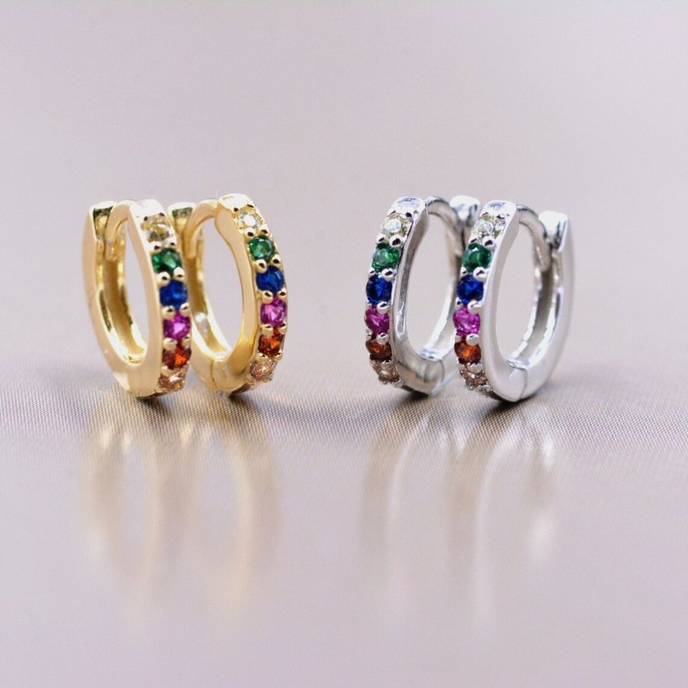 Minimalist Rainbow Huggie Hoop Earrings CZ Pave Multicolor Hoop Earrings